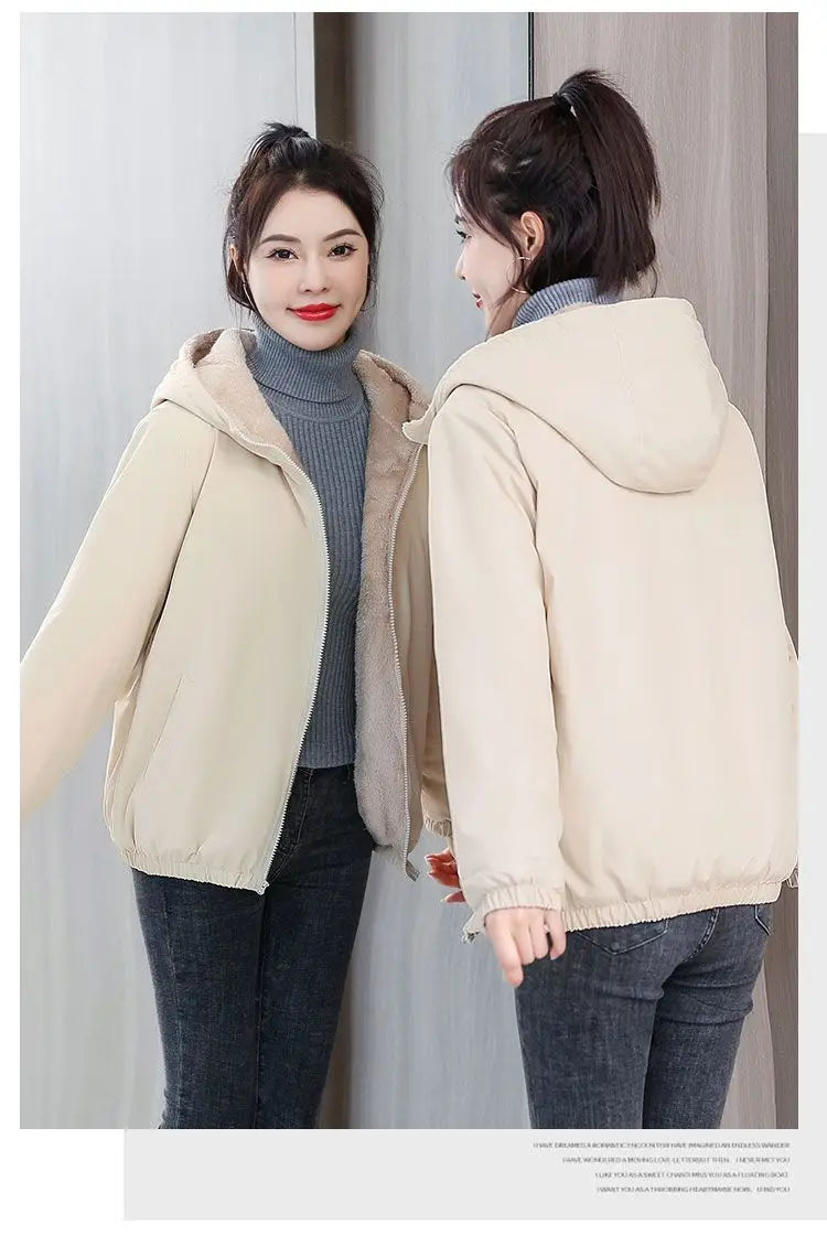 Women's Fleece Coat Winter Warm Thicken Solid Windbreaker Hooded Cotton Plush Hooded Jackets Casual Outdoor Windproof Jacket