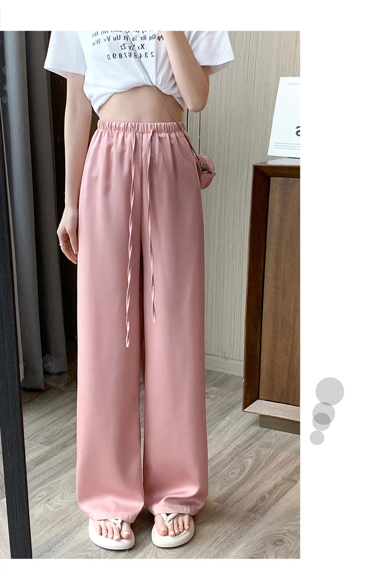 Women's Wide Leg Pants Summer Ice Silk Straight Trousers High Waist Ladies Casual Loose Satin Soft Full-length Pants for Women