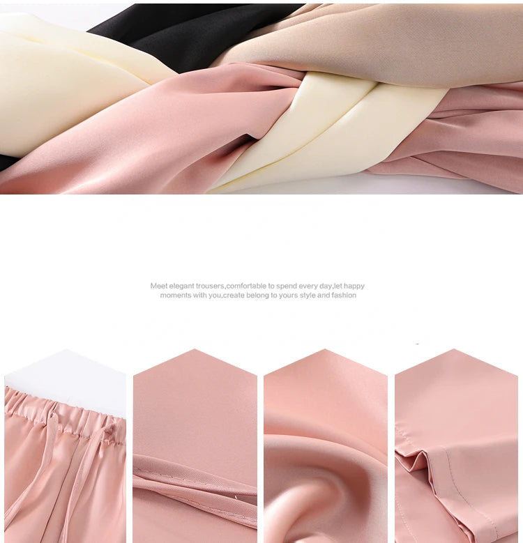 Women's Wide Leg Pants Summer Ice Silk Straight Trousers High Waist Ladies Casual Loose Satin Soft Full-length Pants for Women