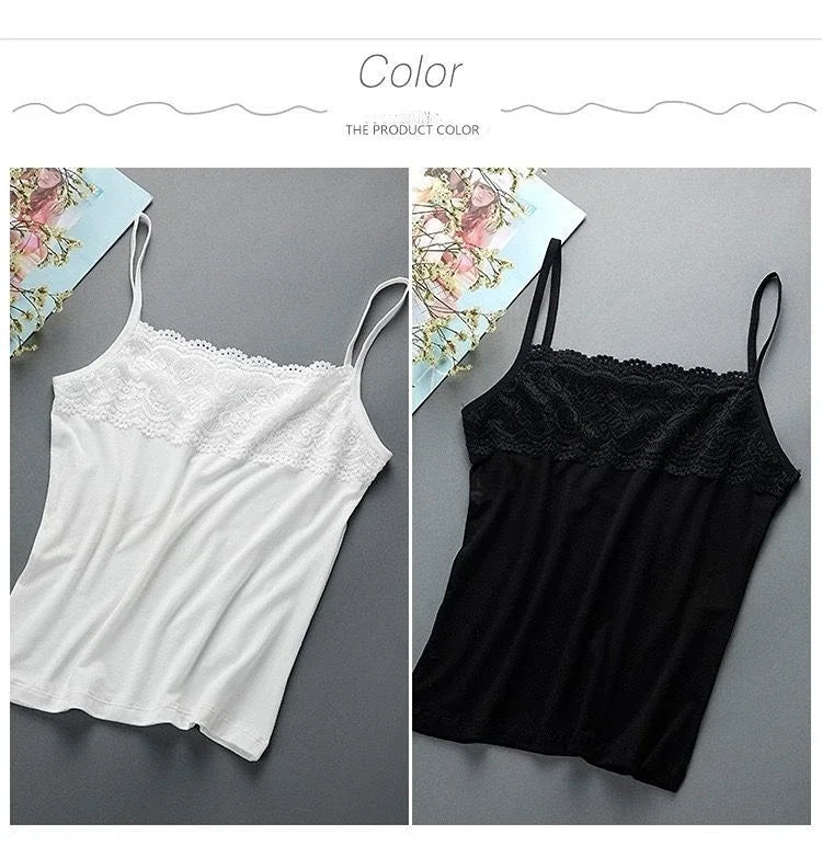 Women's Slim Fit Large Top with Strap Tank Top Spring and Summer Lace Underlay Black and White