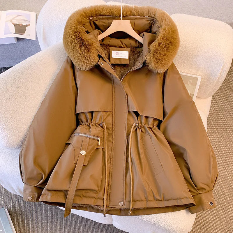 2023 Autumn Winter Parkas Coat New Women's Cotton-Padded Plush Warm Coat Women's Long Sleeve Zipper Hooded Drawstring Parkas