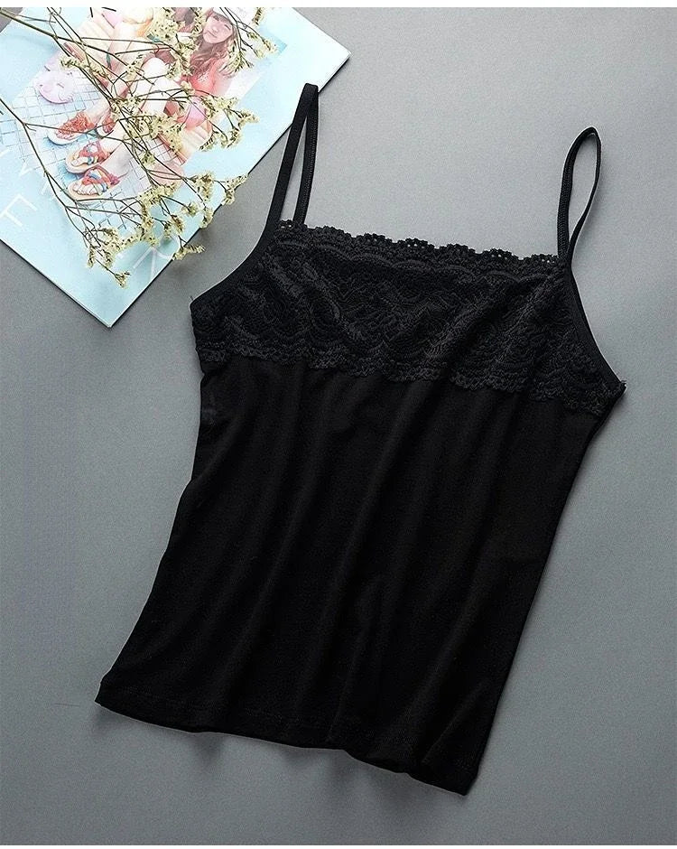 Women's Slim Fit Large Top with Strap Tank Top Spring and Summer Lace Underlay Black and White