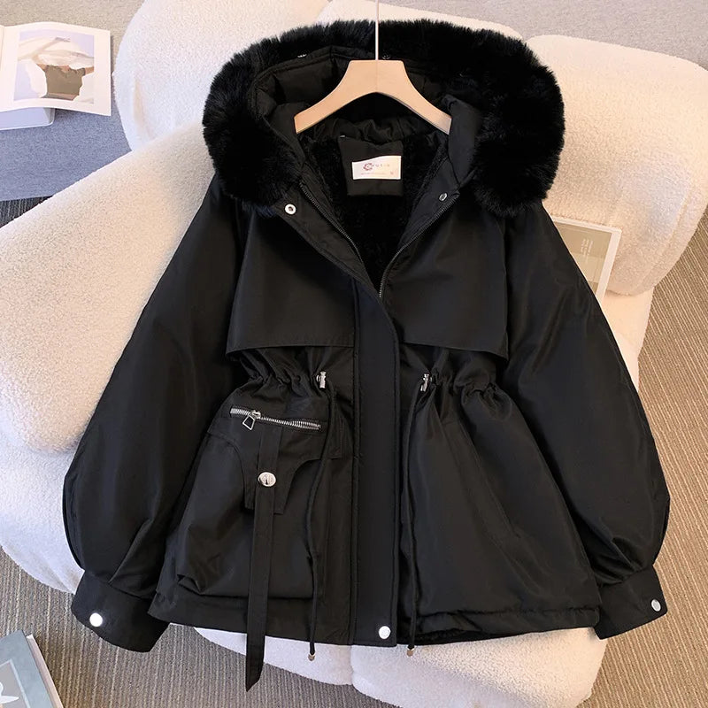 2023 Autumn Winter Parkas Coat New Women's Cotton-Padded Plush Warm Coat Women's Long Sleeve Zipper Hooded Drawstring Parkas