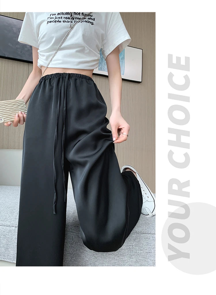 Women's Wide Leg Pants Summer Ice Silk Straight Trousers High Waist Ladies Casual Loose Satin Soft Full-length Pants for Women