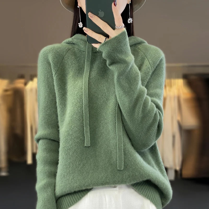 Pure Wool Hooded Sweater Women Solid Color Long Sleeve Top Autumn Winter Fashion New In Knit Female Warm Loose Pullover Jumper