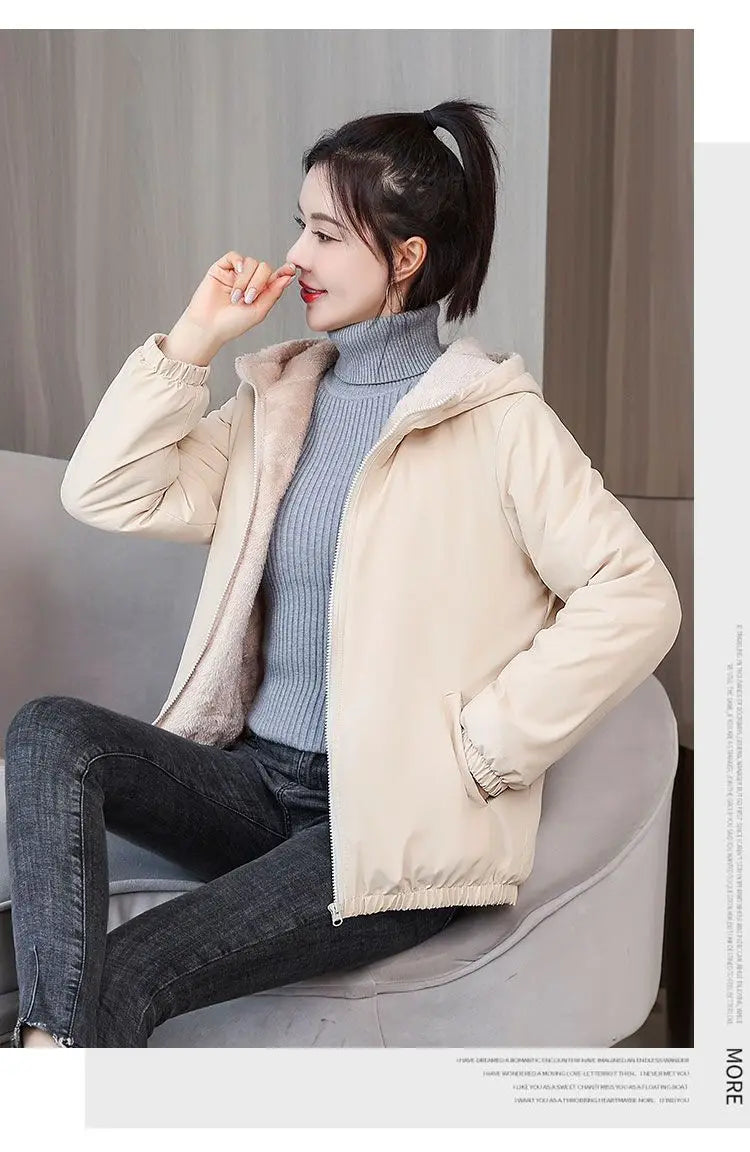 Women's Fleece Coat Winter Warm Thicken Solid Windbreaker Hooded Cotton Plush Hooded Jackets Casual Outdoor Windproof Jacket