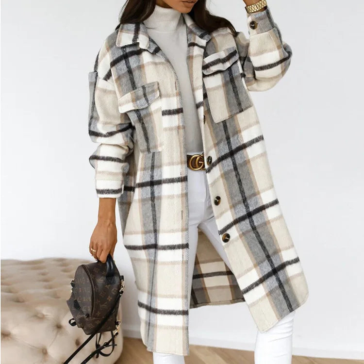 2024 Autumn Winter Women's Clothing Long Sleeve Single Breasted Trench Coat Fashion Long Woolen Plaid Overcoat Coat