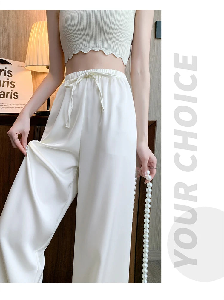 Women's Wide Leg Pants Summer Ice Silk Straight Trousers High Waist Ladies Casual Loose Satin Soft Full-length Pants for Women