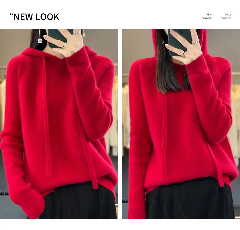 Pure Wool Hooded Sweater Women Solid Color Long Sleeve Top Autumn Winter Fashion New In Knit Female Warm Loose Pullover Jumper