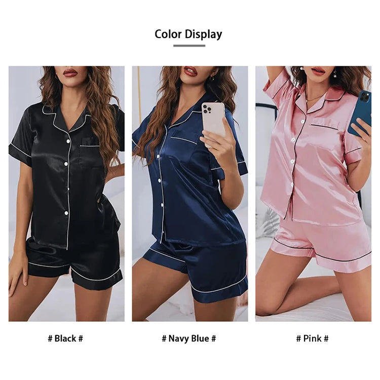 Women Silk Satin Pajamas Set Two-piece Pj Sets Sleepwear Loungewear Button-Down Pajama Women 2 Piece Pijama Homewear Shorts Set