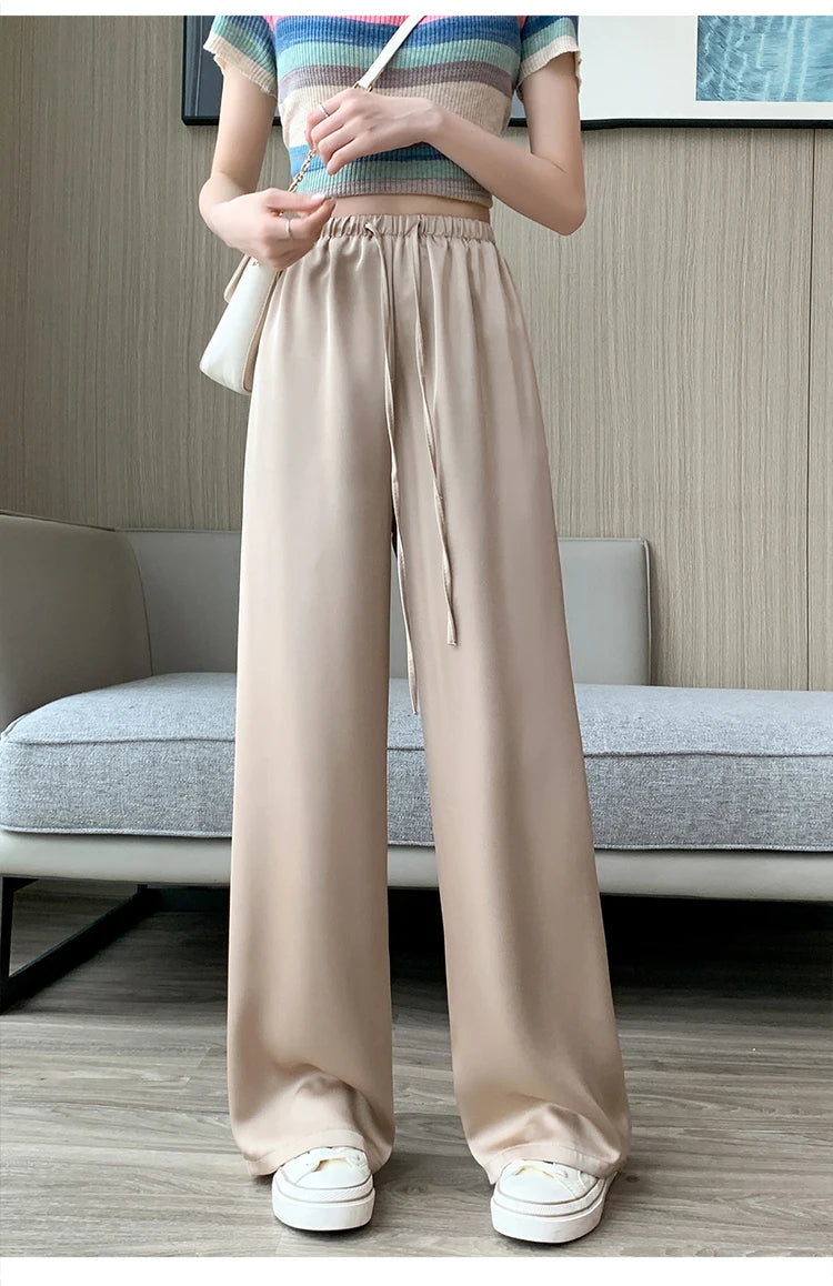 Women's Wide Leg Pants Summer Ice Silk Straight Trousers High Waist Ladies Casual Loose Satin Soft Full-length Pants for Women