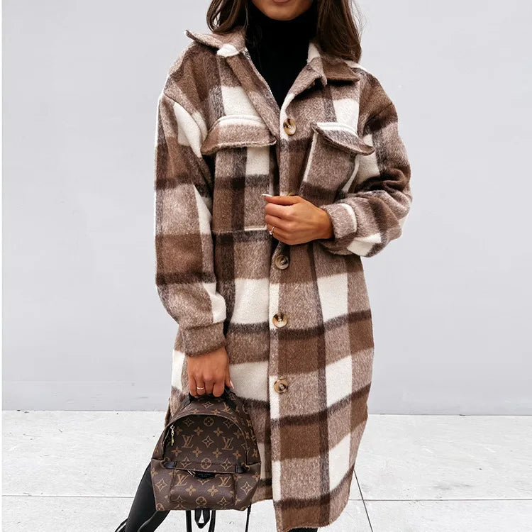 2024 Autumn Winter Women's Clothing Long Sleeve Single Breasted Trench Coat Fashion Long Woolen Plaid Overcoat Coat