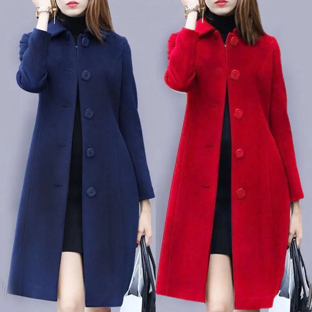 New Fashion British Solid Button Wool Coat Women Long Sleeve Jackets Woman Elegant Pocket Slim Outfit Mujer