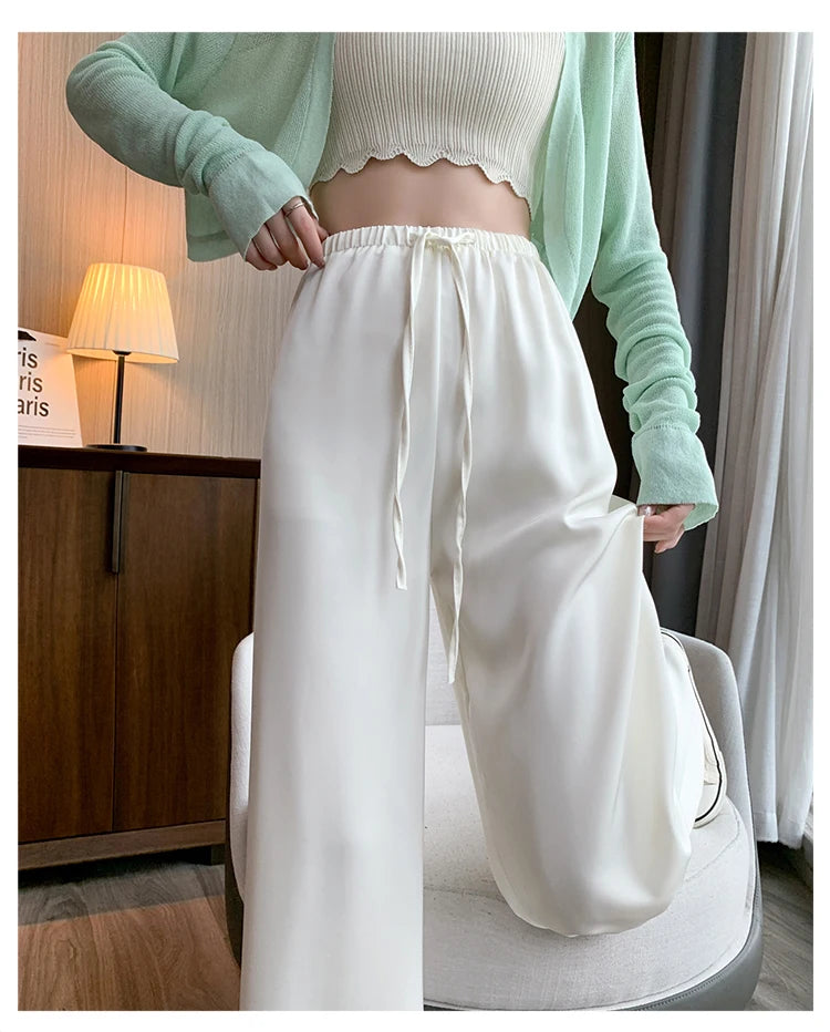 Women's Wide Leg Pants Summer Ice Silk Straight Trousers High Waist Ladies Casual Loose Satin Soft Full-length Pants for Women