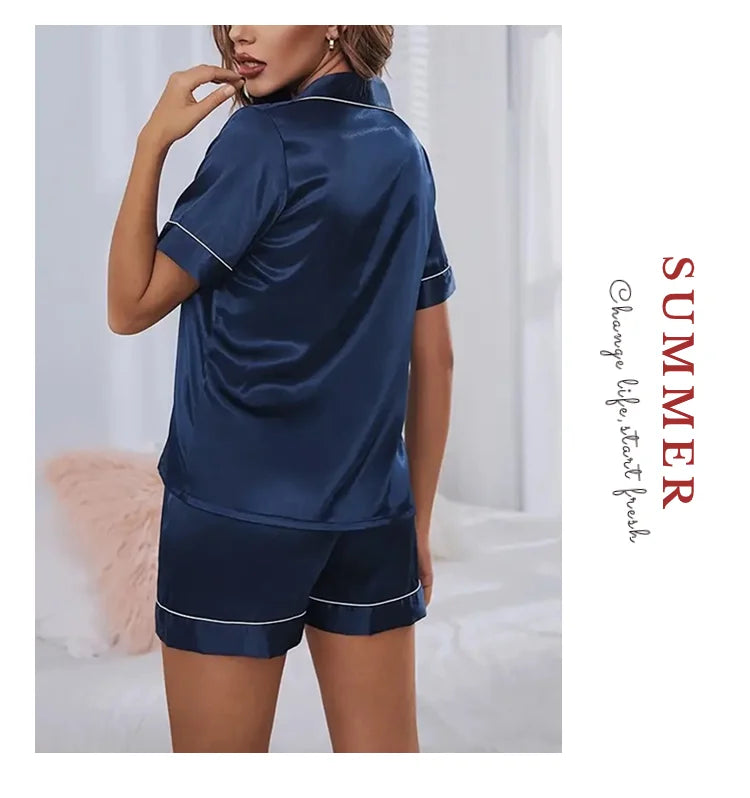 Women Silk Satin Pajamas Set Two-piece Pj Sets Sleepwear Loungewear Button-Down Pajama Women 2 Piece Pijama Homewear Shorts Set