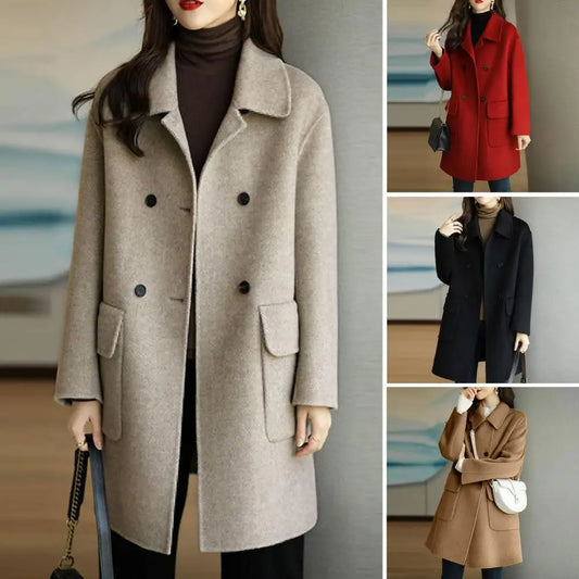 Women Woolen Coat Mid-length Thermal Coat Stylish Women's Mid-length Woolen Coat Lapel Double Breasted Flap for Autumn/winter