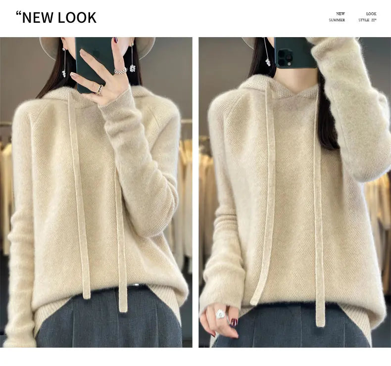 Pure Wool Hooded Sweater Women Solid Color Long Sleeve Top Autumn Winter Fashion New In Knit Female Warm Loose Pullover Jumper