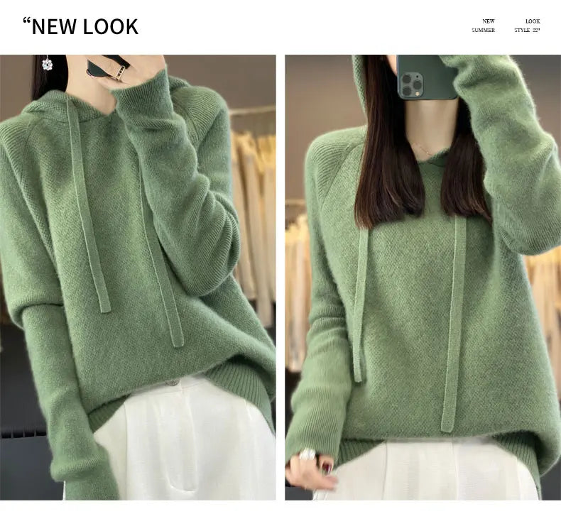 Pure Wool Hooded Sweater Women Solid Color Long Sleeve Top Autumn Winter Fashion New In Knit Female Warm Loose Pullover Jumper