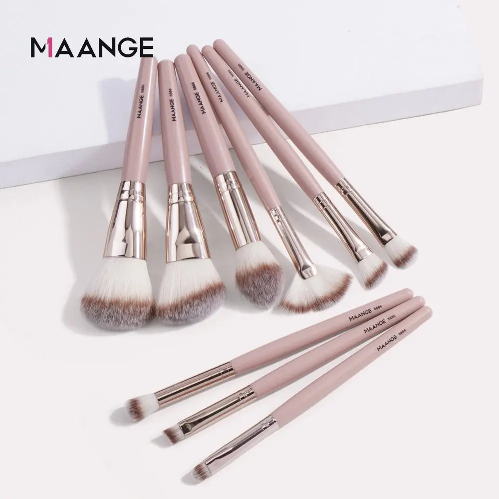 Maange 9Pcs Foundation Makeup Brush Set Cosmetic Powder Highlighter Eyeshadow Blending Beauty Tools Dense Soft Bristle Brushes