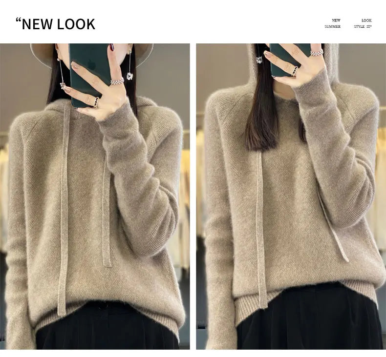 Pure Wool Hooded Sweater Women Solid Color Long Sleeve Top Autumn Winter Fashion New In Knit Female Warm Loose Pullover Jumper