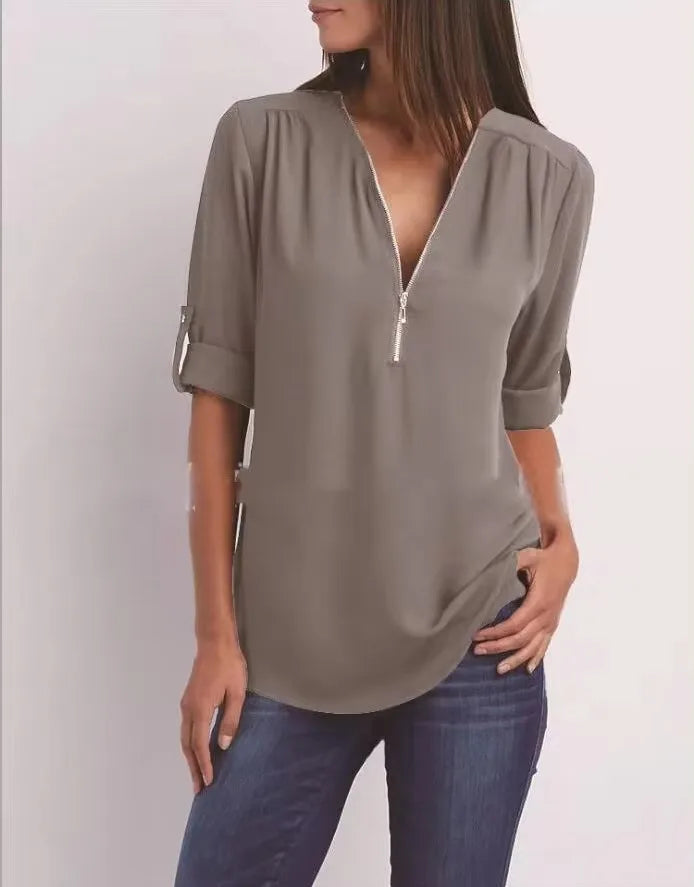 2024 Hot Sale Women Cool Loose Shirt Deep V Neck Chiffon Fashion Blouse Casual Ladies Tops Sexy Zipper Pullover Plus Size