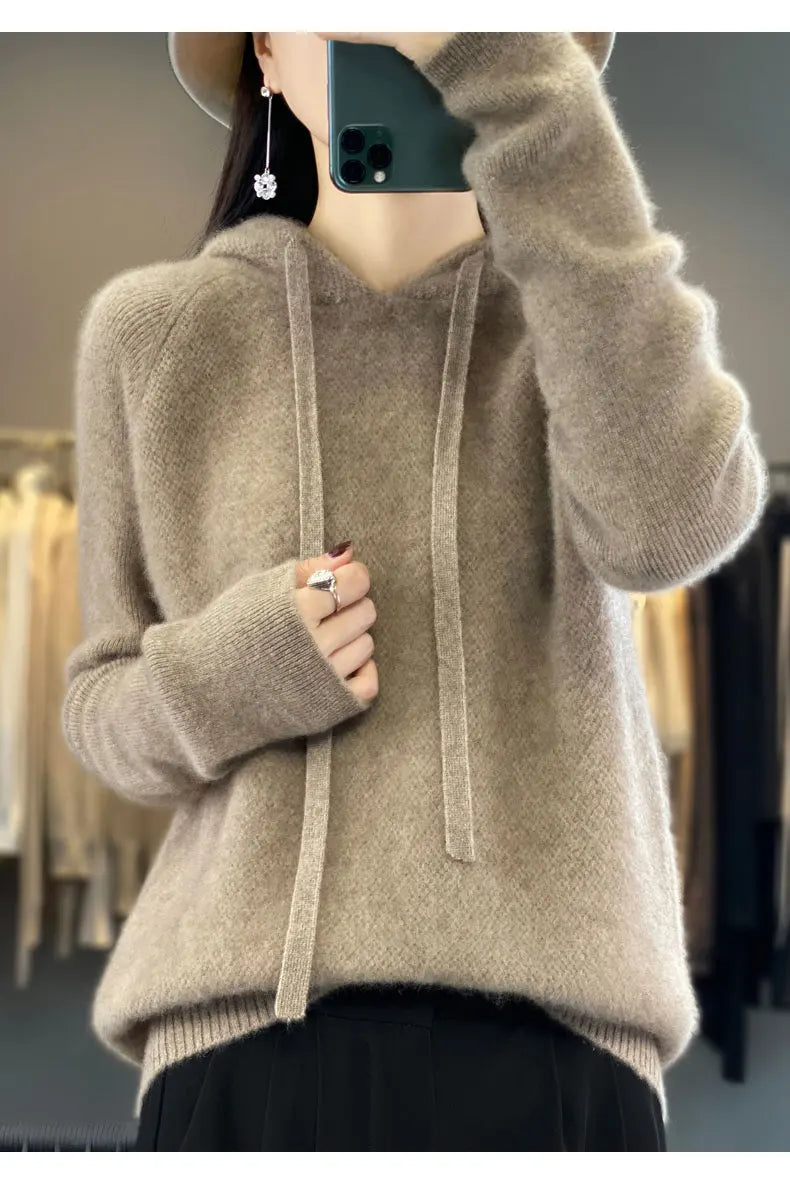 Pure Wool Hooded Sweater Women Solid Color Long Sleeve Top Autumn Winter Fashion New In Knit Female Warm Loose Pullover Jumper