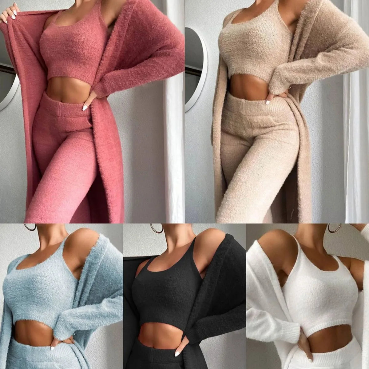 2024 Spring New Women's Pants Set Vest Tops+Long Pants+Coat 3 Pieces Suit Winter Warm Soft Fleece Sports Suit Y2k Clothes