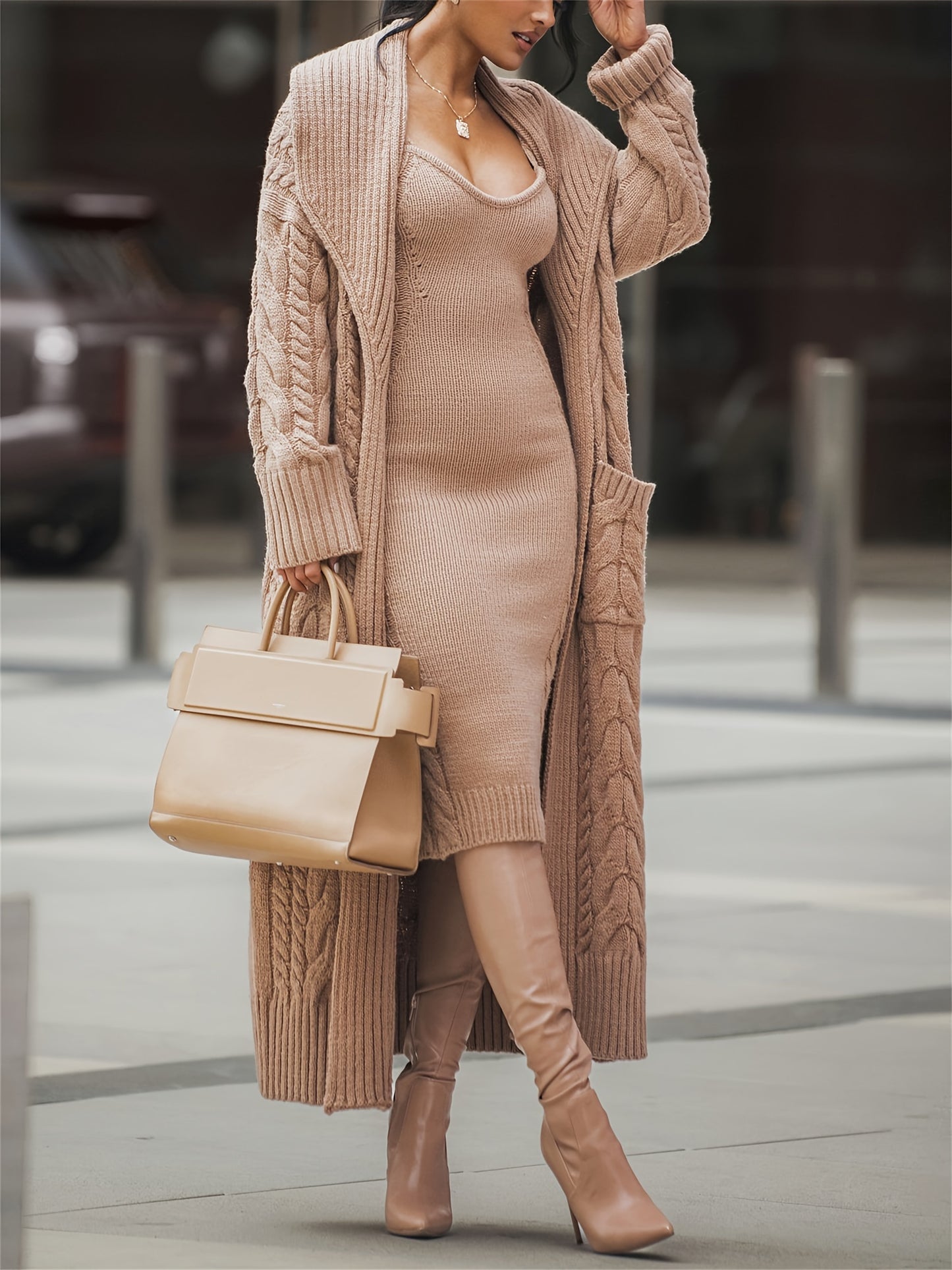 Knitted Sweater Dress And Cardigan Two-piece Set, Chic, Warm And Cozy, For Fall Winter 2024