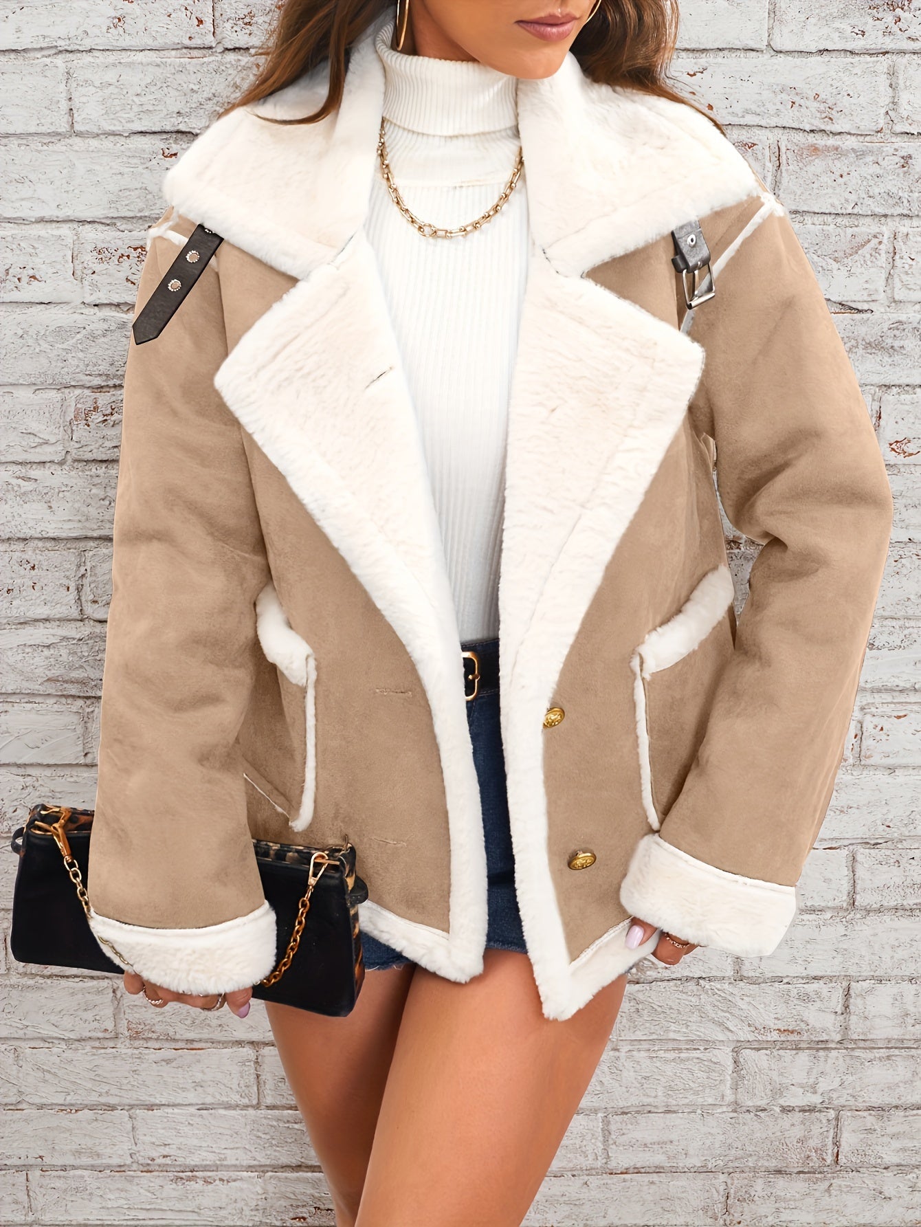 Women's Faux Fur-Lined Winter Jacket: Cozy Lapel Collar, Machine Washable, Solid Color with Pockets