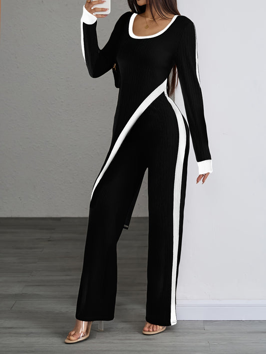 Women'S Suit Featuring a Long-Sleeve Color-Blocked Top And Wide-Leg Pants, an Elegant Two-Piece Set with a Solid Color Asymmetrical Top And Straight-Leg Trousers.