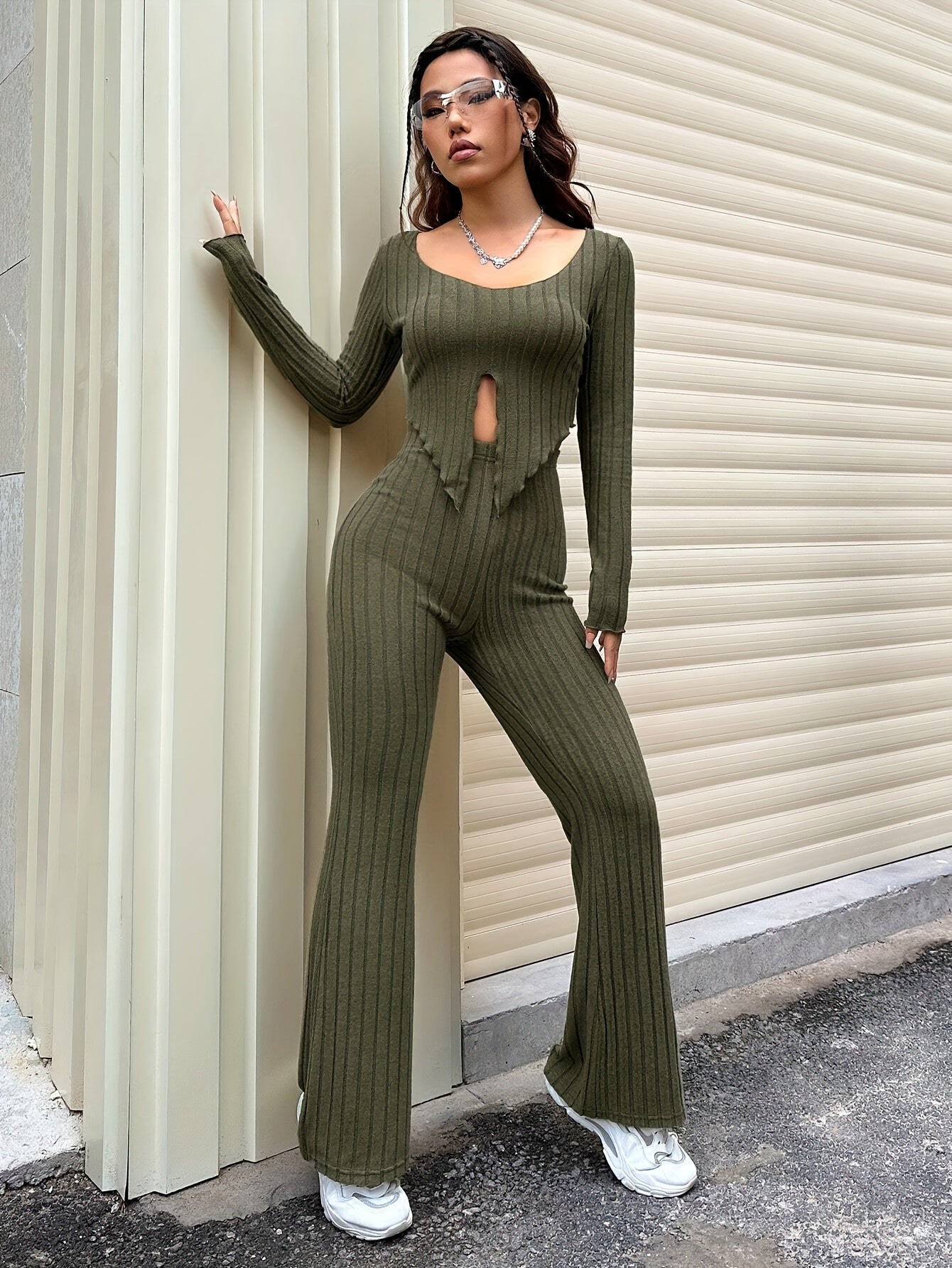 Solid Ribbed Knit Two-piece Set, Casual Long Sleeve Lettuce Trim Split Top & Slim Flare Leg Pants Outfits, Women's Clothing