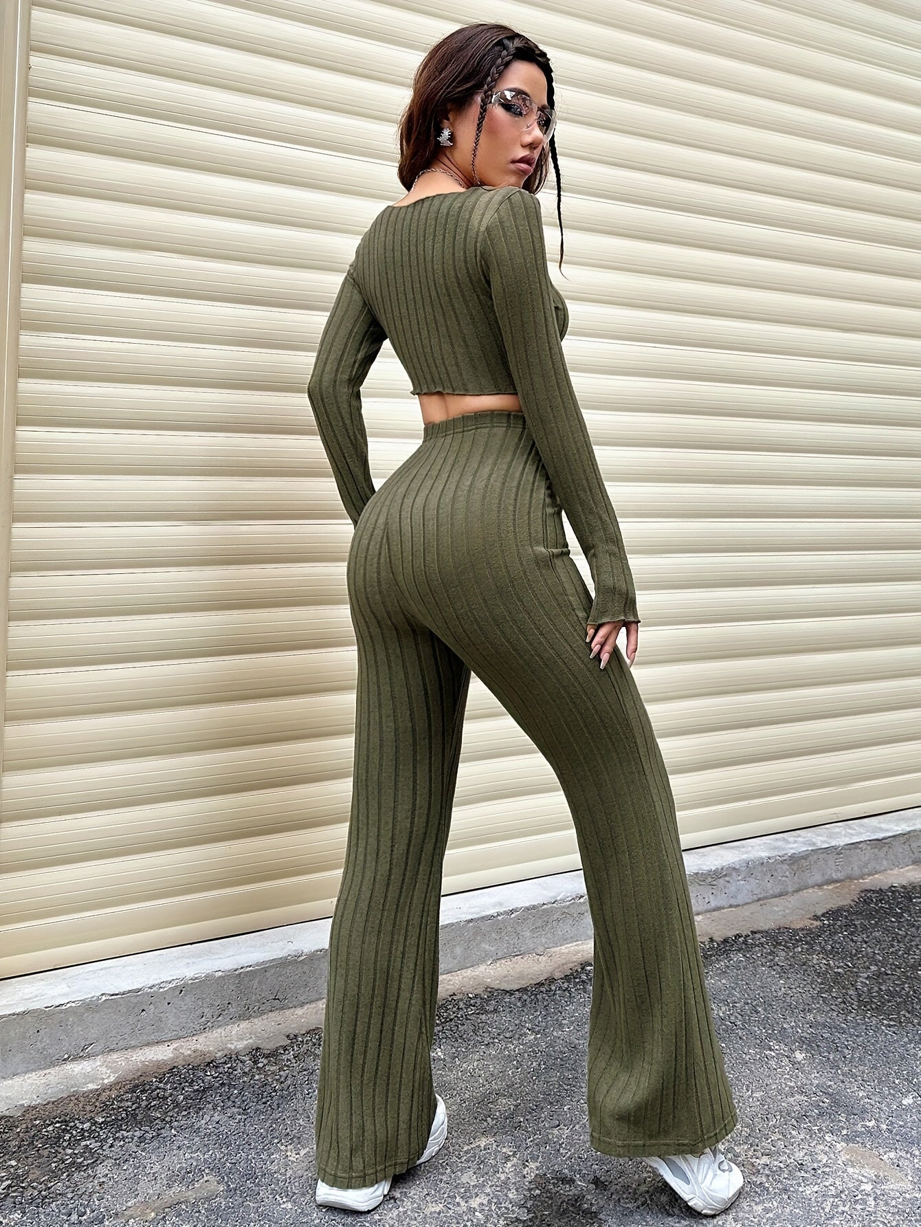 Solid Ribbed Knit Two-piece Set, Casual Long Sleeve Lettuce Trim Split Top & Slim Flare Leg Pants Outfits, Women's Clothing