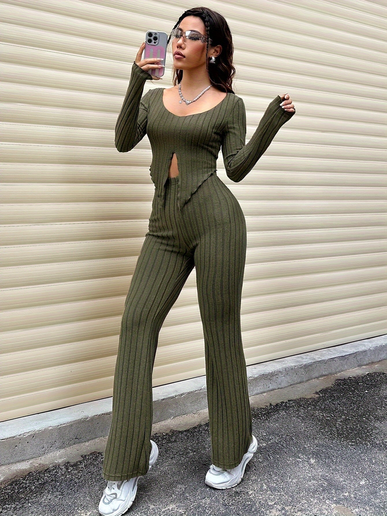 Solid Ribbed Knit Two-piece Set, Casual Long Sleeve Lettuce Trim Split Top & Slim Flare Leg Pants Outfits, Women's Clothing