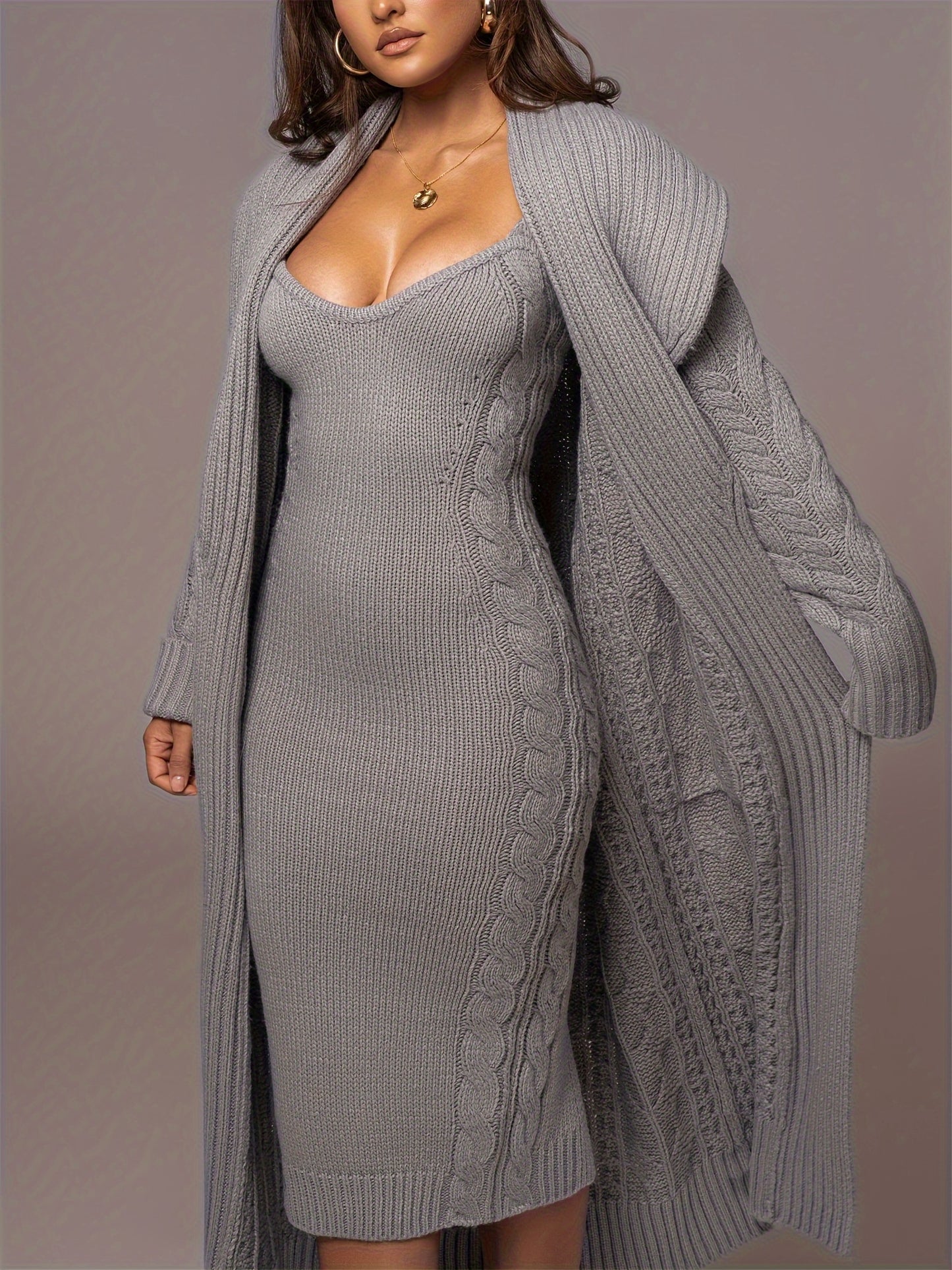 Knitted Sweater Dress And Cardigan Two-piece Set, Chic, Warm And Cozy, For Fall Winter 2024