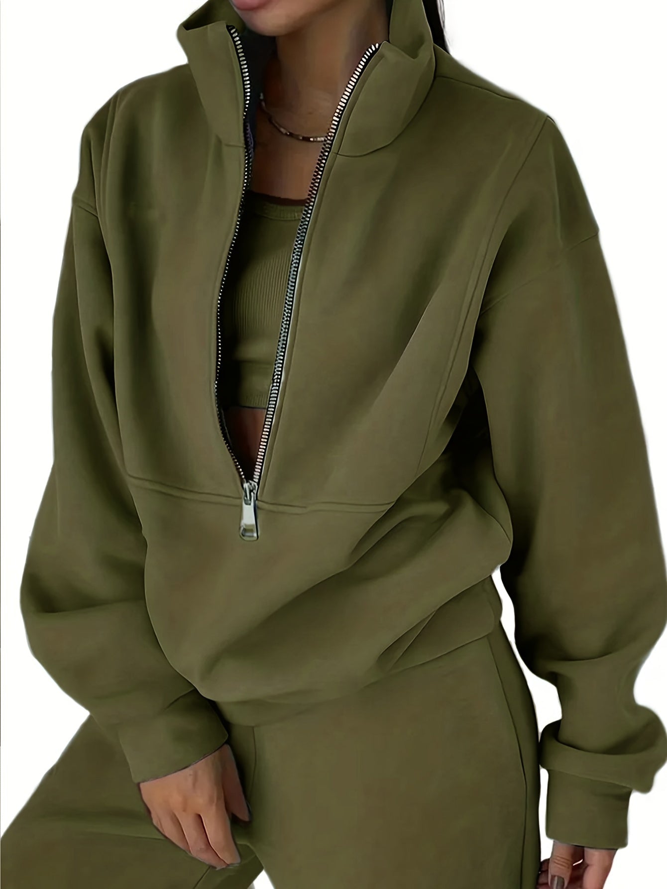 Solid Casual Two-piece Set, Zip Front Long Sleeve Sweatshirt & Elastic Waist Pants Outfits, Women's Clothing