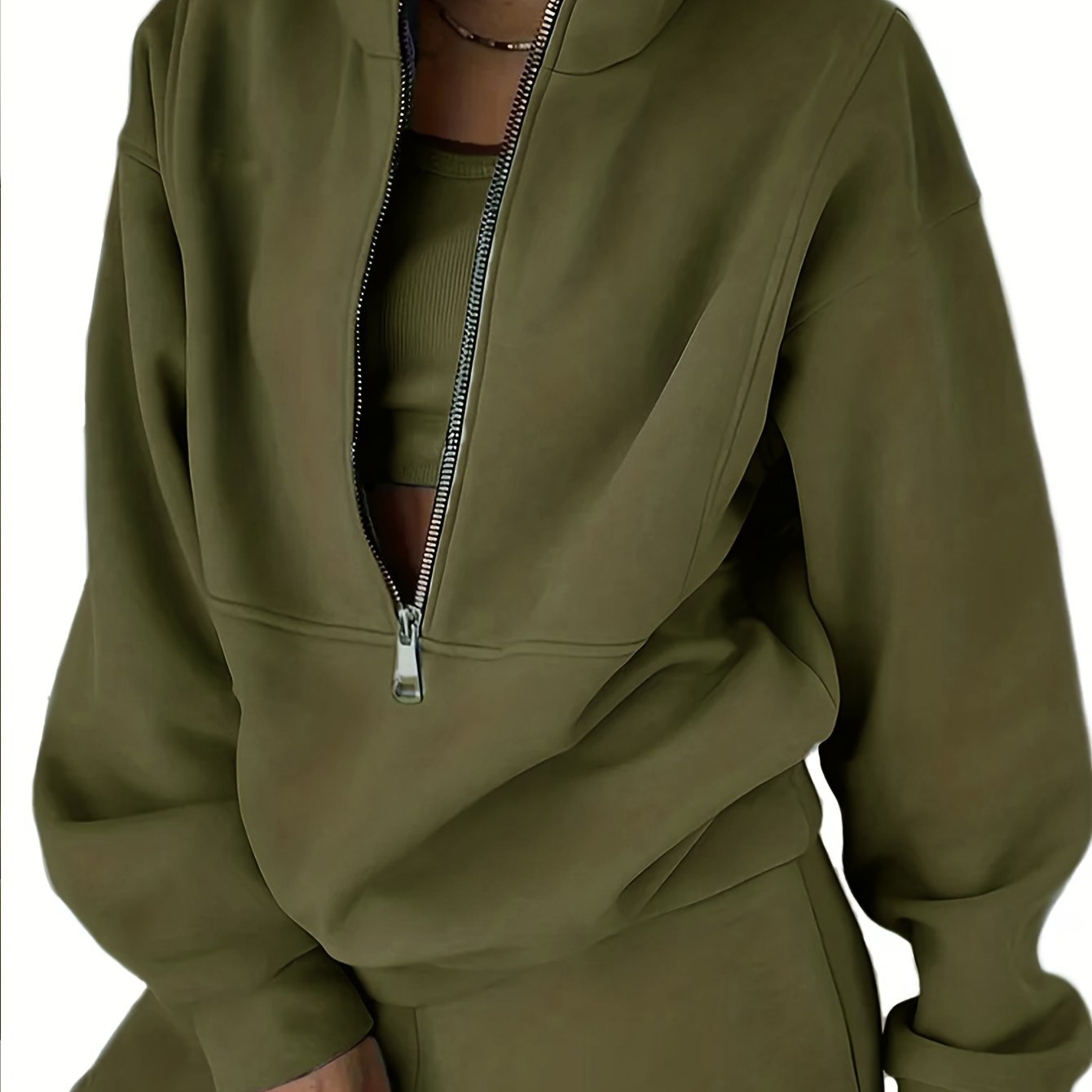 Solid Casual Two-piece Set, Zip Front Long Sleeve Sweatshirt & Elastic Waist Pants Outfits, Women's Clothing
