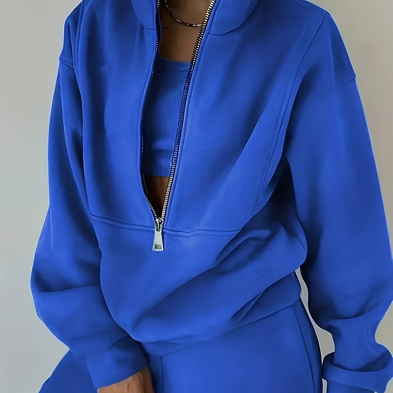 Solid Casual Two-piece Set, Zip Front Long Sleeve Sweatshirt & Elastic Waist Pants Outfits, Women's Clothing