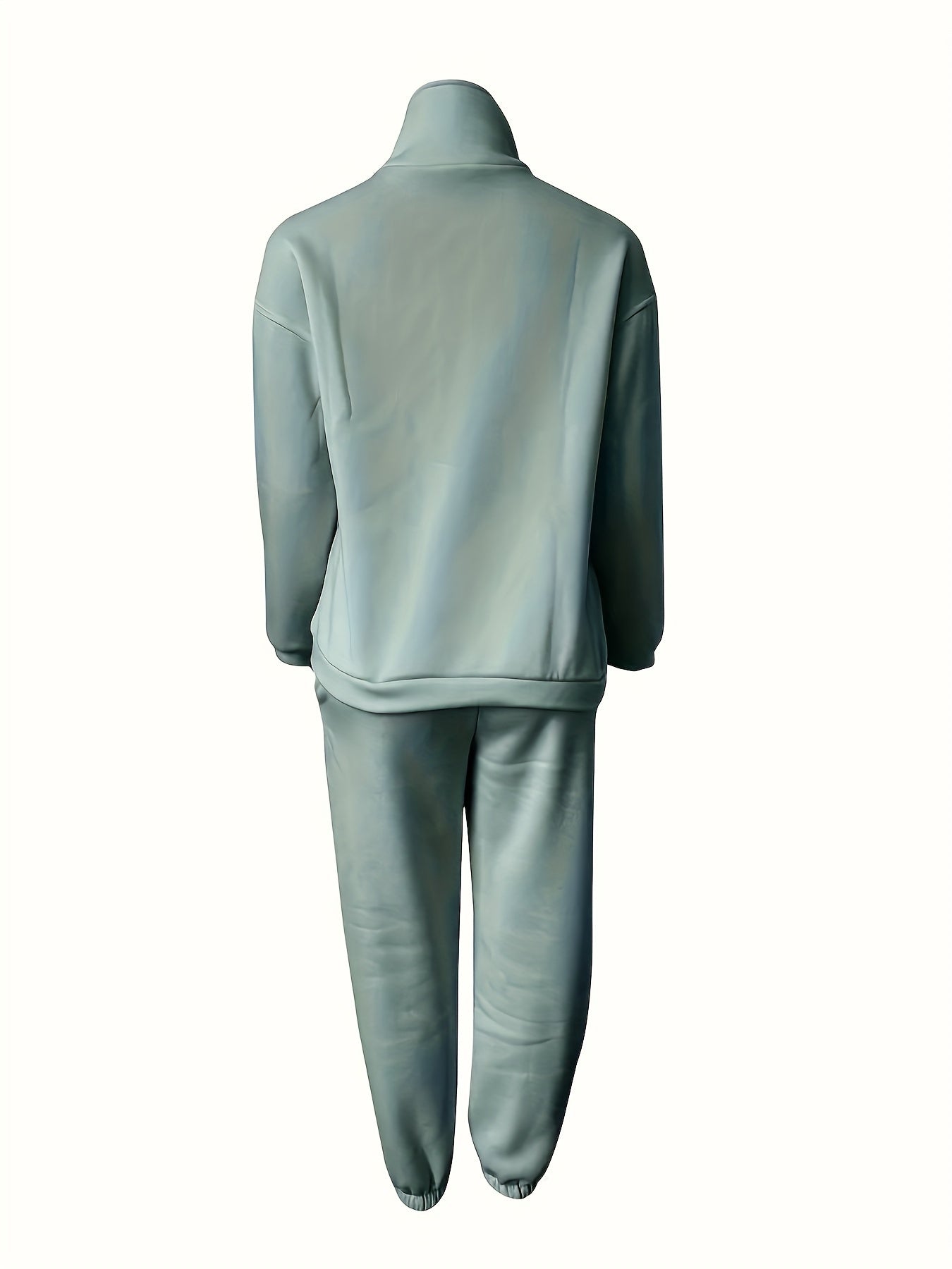 Solid Casual Two-piece Set, Zip Front Long Sleeve Sweatshirt & Elastic Waist Pants Outfits, Women's Clothing