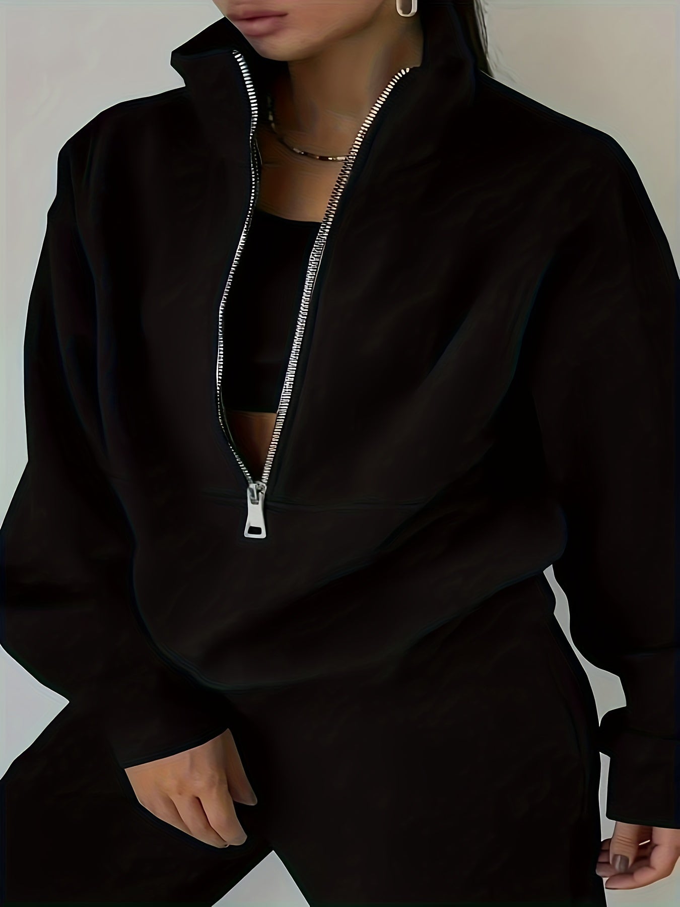 Solid Casual Two-piece Set, Zip Front Long Sleeve Sweatshirt & Elastic Waist Pants Outfits, Women's Clothing