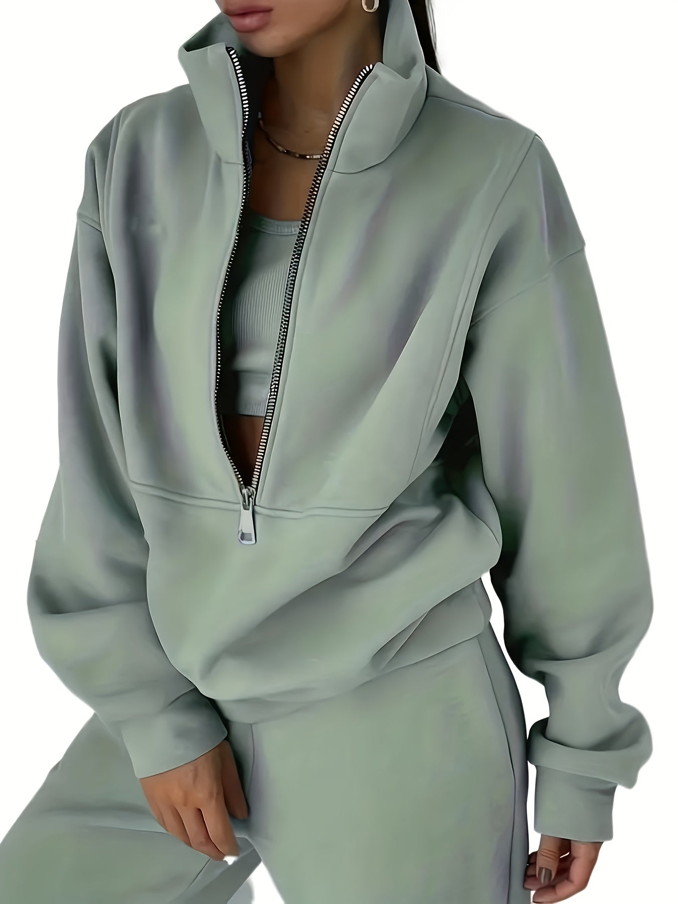 Solid Casual Two-piece Set, Zip Front Long Sleeve Sweatshirt & Elastic Waist Pants Outfits, Women's Clothing