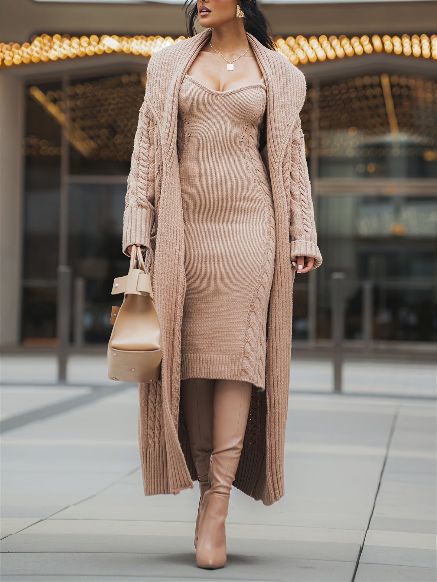 Knitted Sweater Dress And Cardigan Two-piece Set, Chic, Warm And Cozy, For Fall Winter 2024