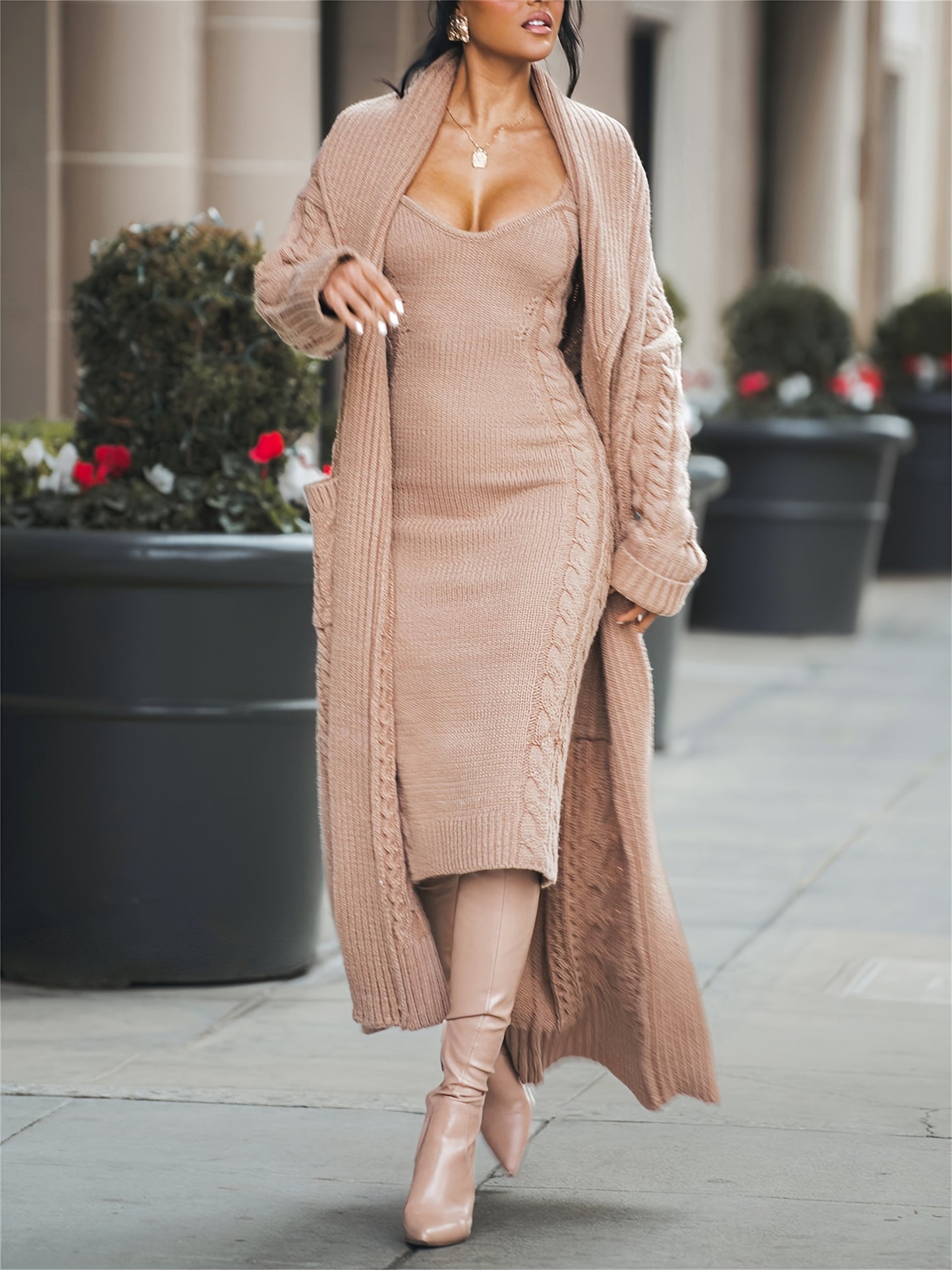 Knitted Sweater Dress And Cardigan Two-piece Set, Chic, Warm And Cozy, For Fall Winter 2024